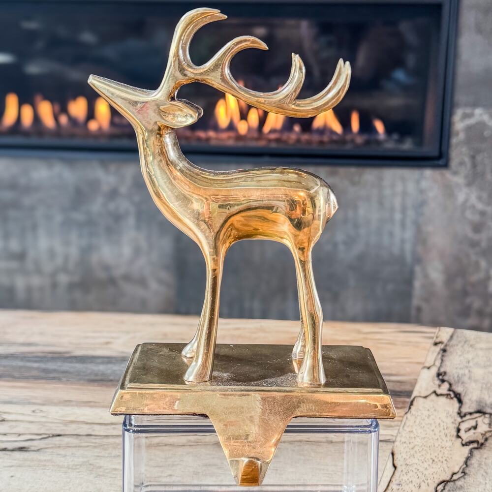 Vtg Solid Brass Reindeer Stocking Holder Christmas Mantel Deer Hanger 7" Holiday